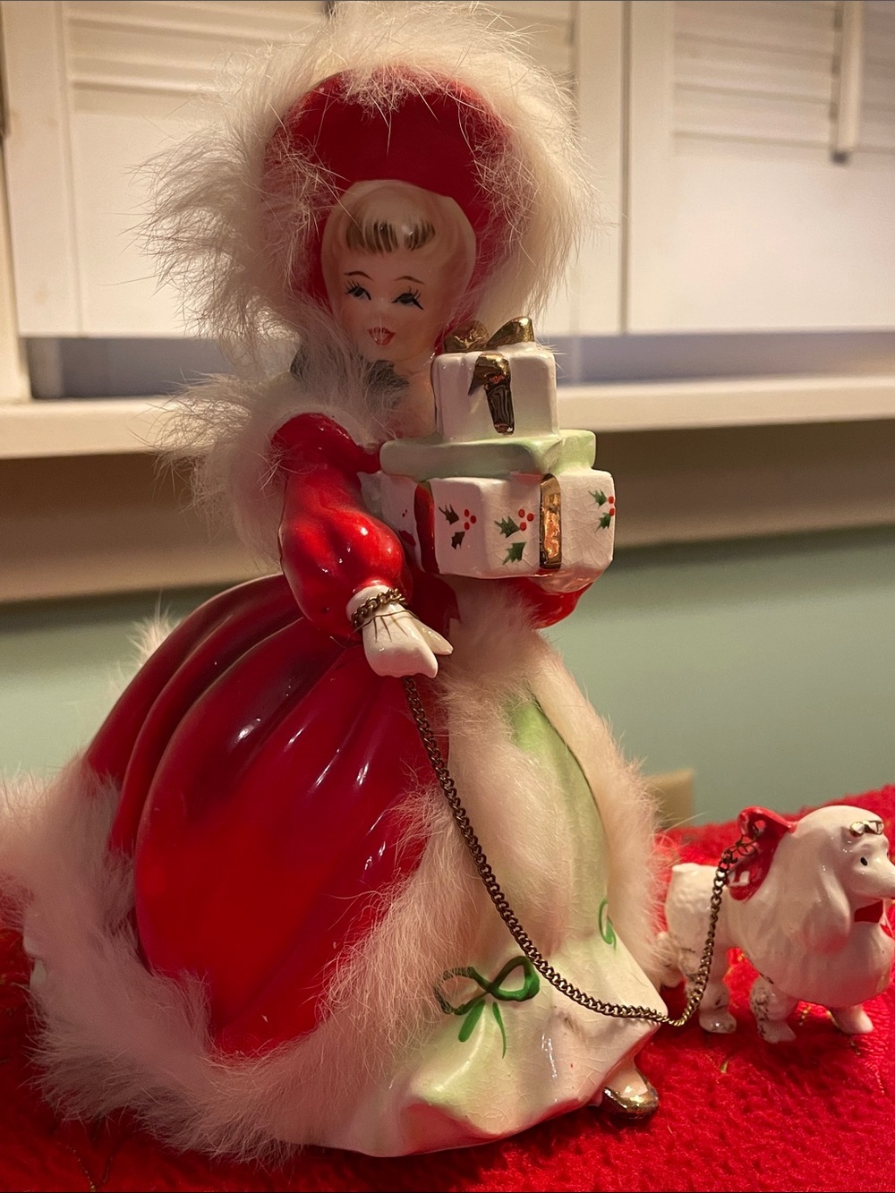 Napco Ceramic Christmas Lady Shopper with Poodle Figurine Red Fur Coat 1950’s